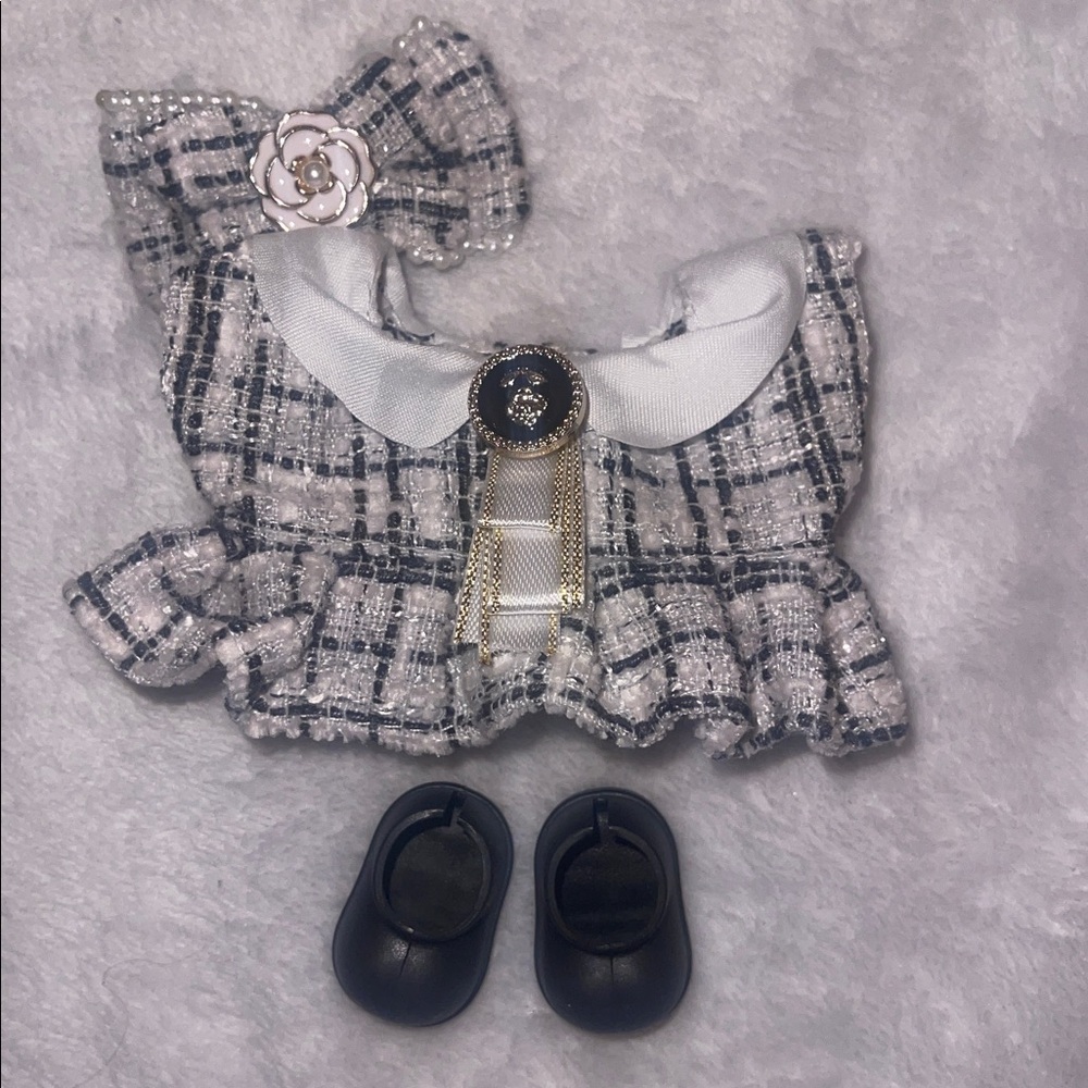 Labubu luxury dress bow and shoes set plaid tweed textured NWT